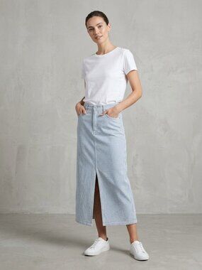 Vintage Vivaldi Jeanswear Womens Maxi Skirt 8 Blue White Striped Made USA 90s
